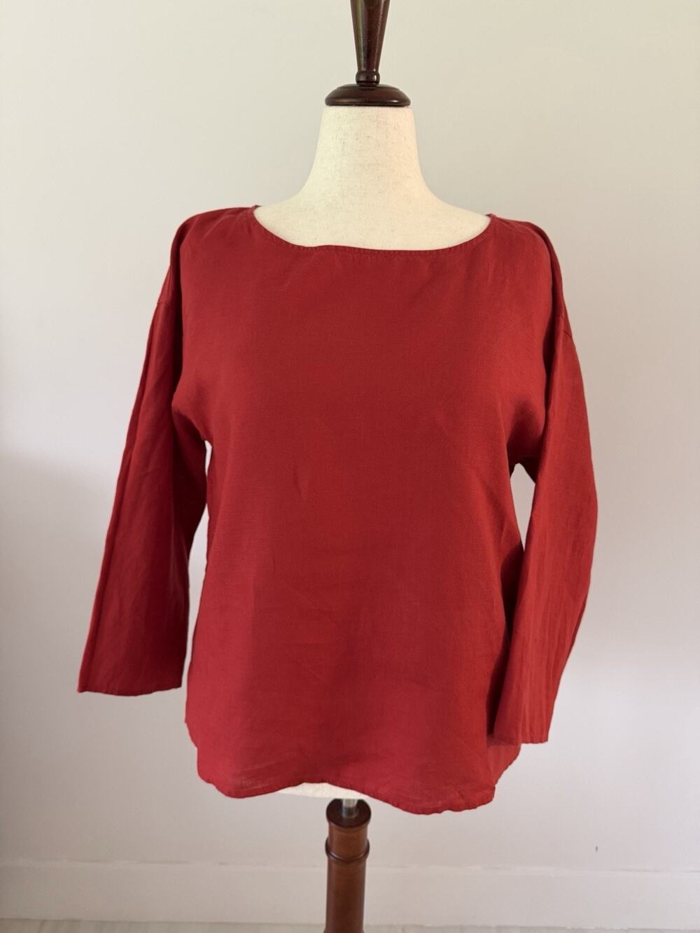 Eileen Fisher Top M Red 100% Organic Linen Long Sleeve Tunic Minimalist
